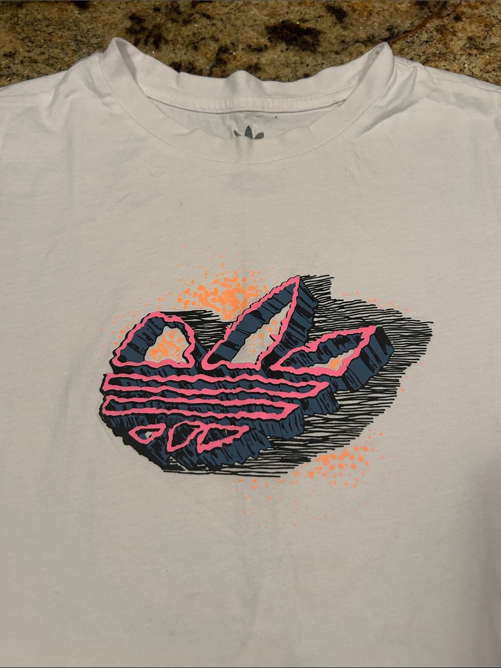 adidas White Short Sleeve Tee with Pink & Navy Graphic